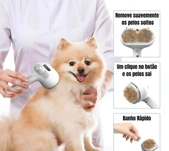 Mosaico mostrando a escova removendo pelos soltos, o clique no botão que solta os pelos e o banho rápido