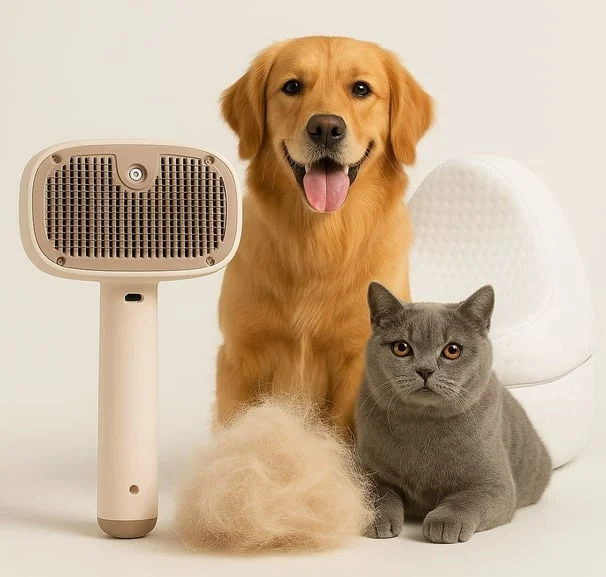 Escova removedora de pelos ao lado de um golden retriever e um gato cinza, com um tufo de pelos removido